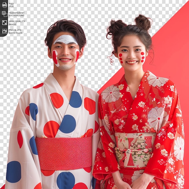 PSD una pareja feliz con una camisa japonesa en un fondo transparente