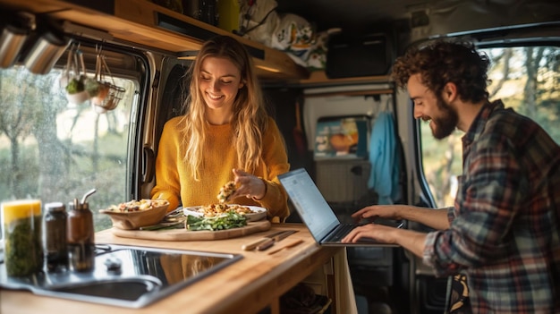 Una pareja feliz disfrutando de una comida y trabajando remotamente en una caravana