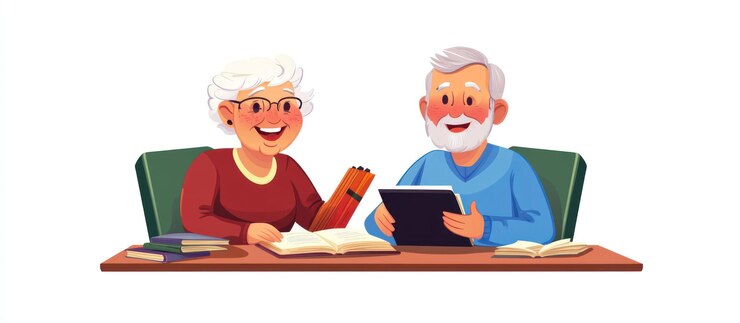PSD una pareja feliz de estudiantes de último año estudiando juntos en una mesa con libros y tableta