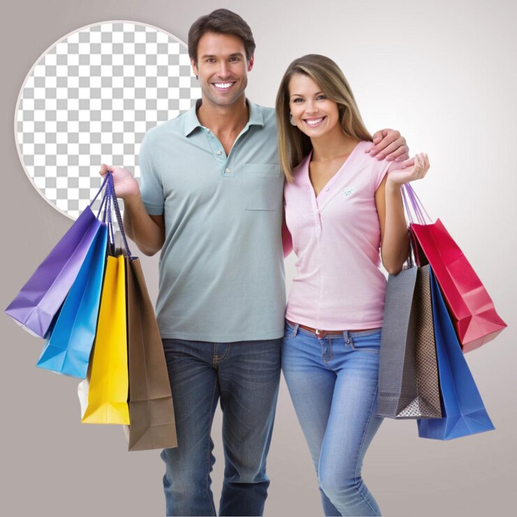 PSD una pareja feliz haciendo compras juntos con bolsas de colores sobre un fondo transparente