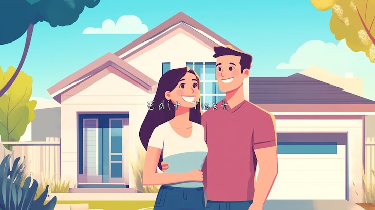 PSD una pareja feliz de pie frente a su nueva casa