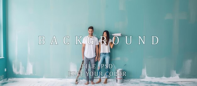 PSD una pareja feliz pintando paredes en una casa nueva.