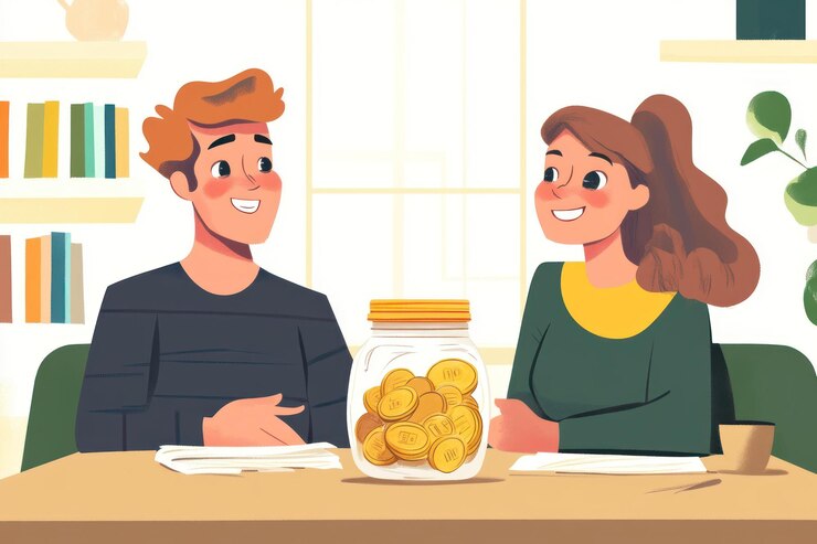 PSD una pareja feliz planeando las finanzas sentada en la mesa con un frasco de monedas