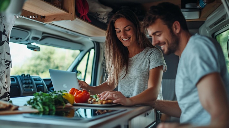 PSD una pareja feliz preparando una comida en una caravana usando una computadora portátil