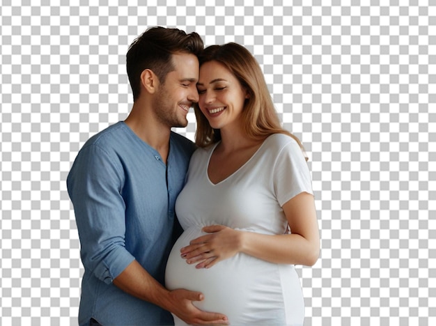 Una pareja feliz sintiendo los movimientos del vientre del bebé de la futura madre