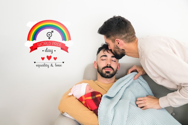 Pareja gay y mockup de copyspace