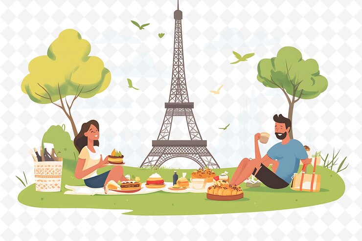 PSD una pareja haciendo un picnic frente a la torre eiffel