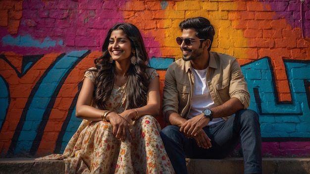 PSD una pareja india feliz sentada contra una pared de graffiti un cartel de felicidad un papel tapiz lindo