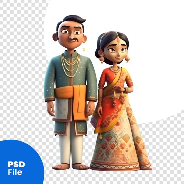 PSD pareja india con ropa tradicional en fondo blanco plantilla de ilustración 3d psd