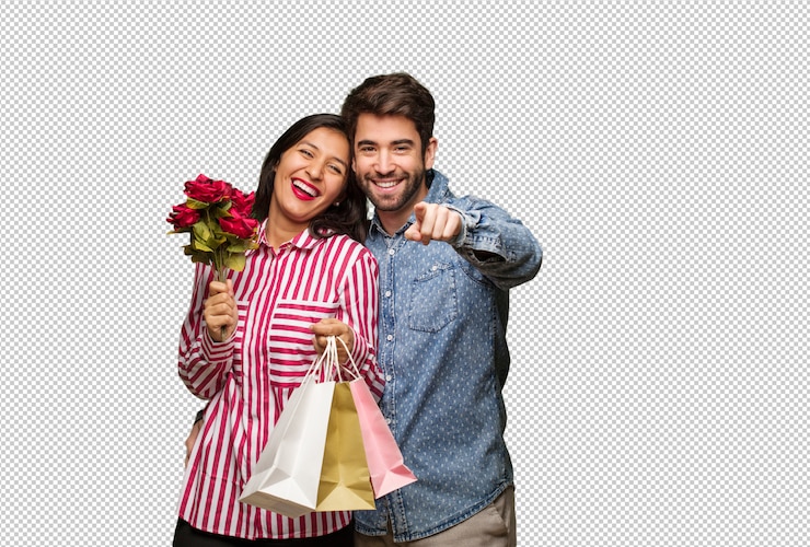 PSD pareja joven en el día de san valentín alegre y sonriente