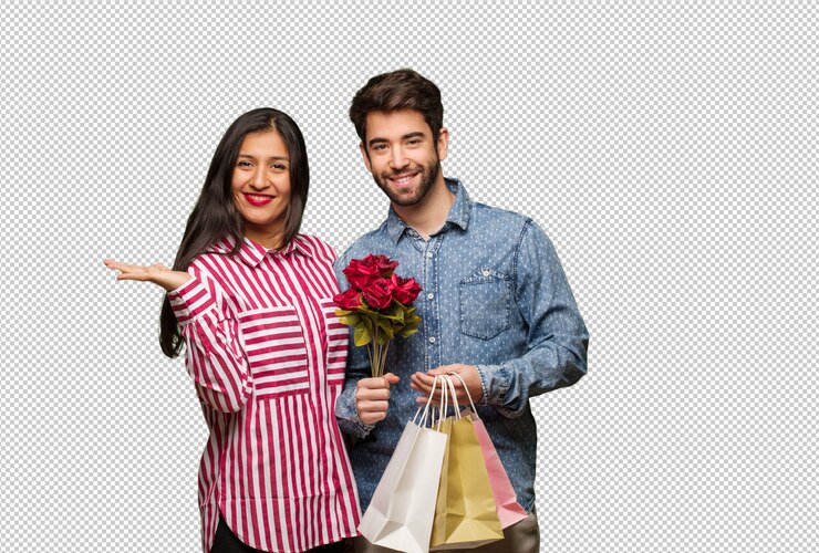 PSD pareja joven en el día de san valentín con algo con la mano