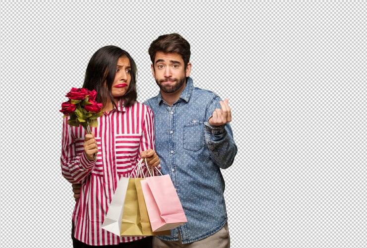 PSD pareja joven en el día de san valentín haciendo un gesto de necesidad