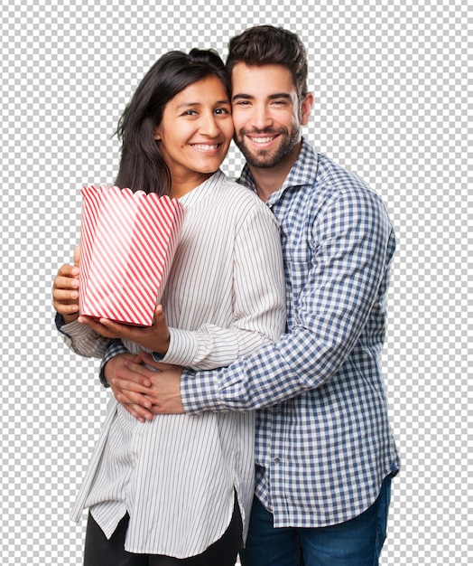 Pareja joven, tenencia, un, palomitas