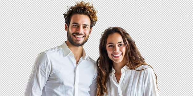 Una pareja de jóvenes sonrientes de pie con las espaldas mirando a la cámara sobre un fondo blanco