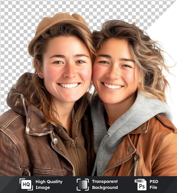 PSD pareja de lesbianas frente a una pared blanca hombre de cuero y chaqueta marrón mujer de chaqueta marró y