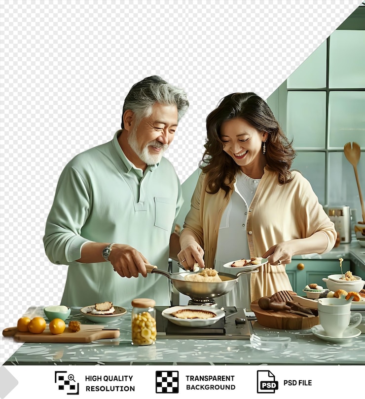 PSD una pareja madura en la cocina parecía feliz mientras cocinaba el desayuno.
