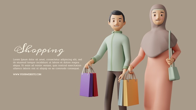 Pareja musulmana, compras, 3d, ilustración