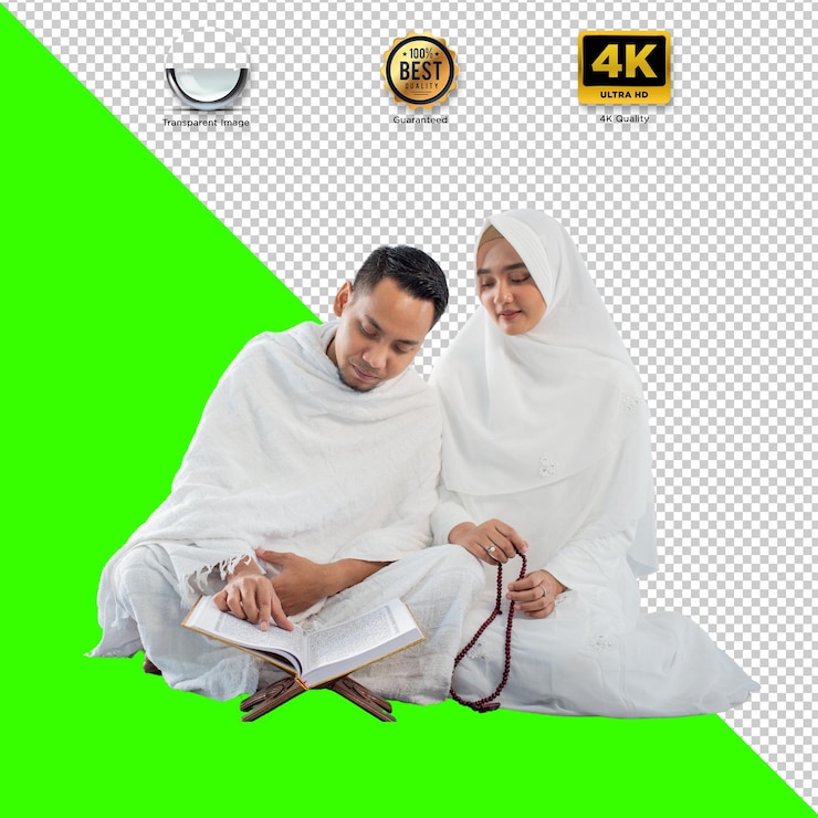 PSD una pareja musulmana vestida de blanco leyendo el corán durante el hajj o la umrah