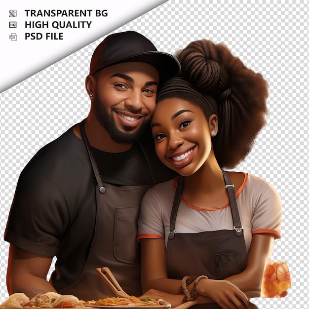 La pareja negra cocinando en 3d estilo dibujos animados con fondo blanco es