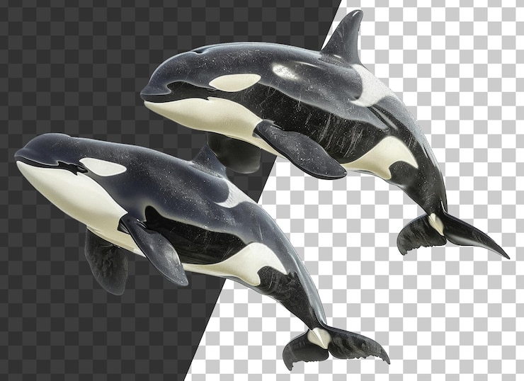 PSD una pareja de orcas nadando juntas en el océano en un fondo transparente.