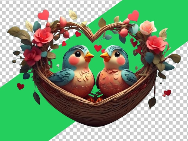 PSD pareja de pájaros lindos en una canasta en forma de corazón