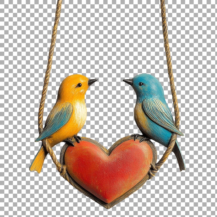 PSD una pareja de pájaros románticos de papua nueva guinea en un columpio en forma de corazón con flores contra un fondo transparente