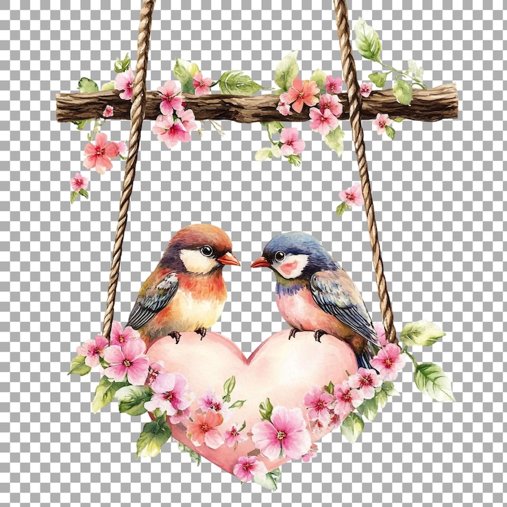 PSD una pareja de pájaros románticos de papua nueva guinea en un columpio en forma de corazón con flores contra un fondo transparente