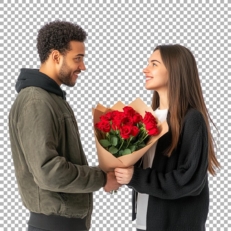 PSD una pareja de papua nueva guinea se regala flores sobre un fondo transparente