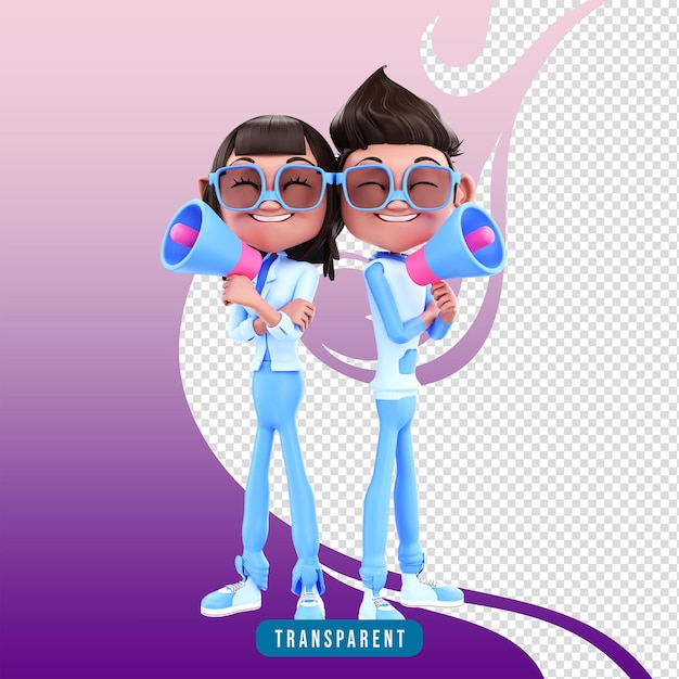 Pareja de personajes 3D con megáfono