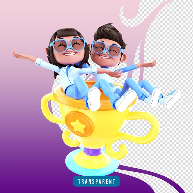 Pareja de personajes 3D con trofeo