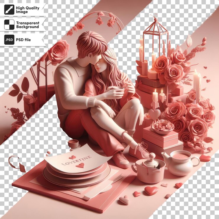 PSD pareja de psd con rosas ilustraciones del día de san valentín en fondo transparente