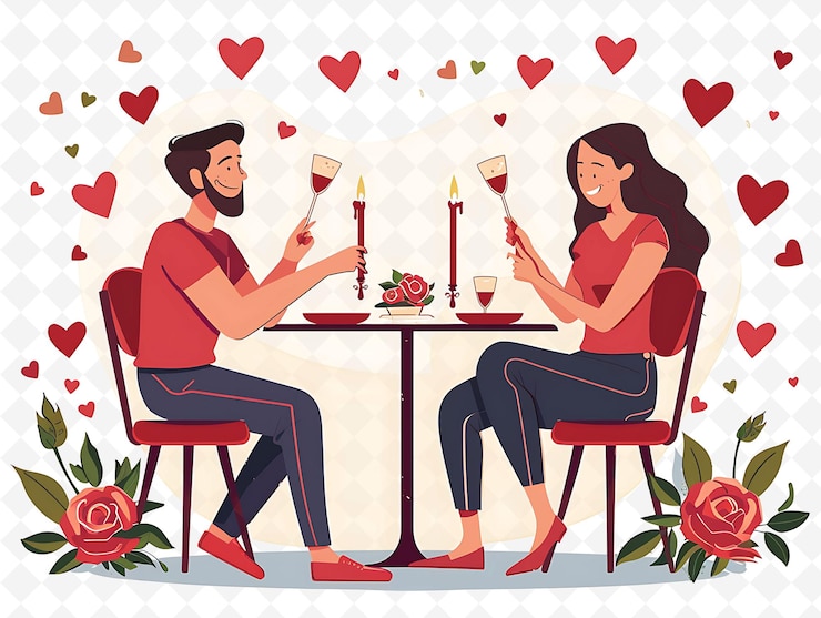 PSD pareja que asiste a una cena del día de san valentín el diseño es romántico ilustración plana carácter cultural