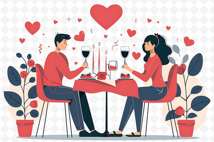 PSD pareja que asiste a una cena del día de san valentín el diseño es romántico ilustración plana carácter cultural