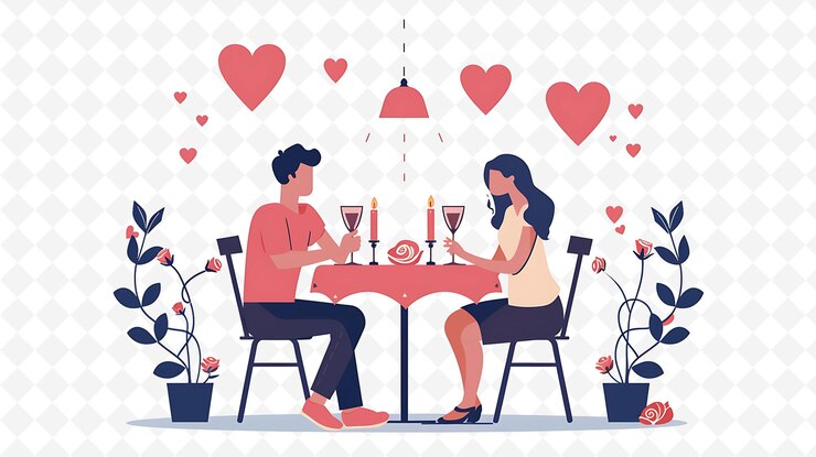 PSD pareja que asiste a una cena del día de san valentín el diseño es romántico ilustración plana carácter cultural