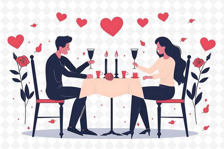 PSD pareja que asiste a una cena del día de san valentín el diseño es romántico ilustración plana carácter cultural