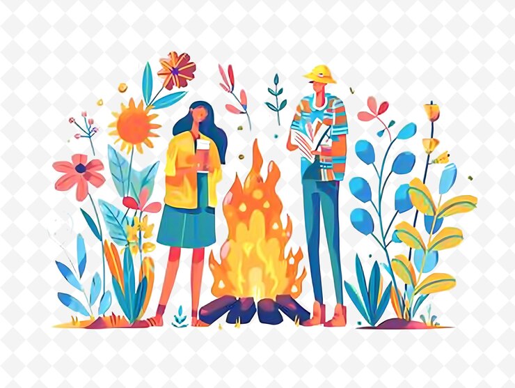 PSD pareja que asiste a una fogata del solsticio de verano el diseño es natural ilustración plana carácter cultural