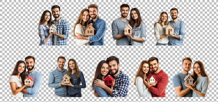 PSD una pareja que sostiene una pequeña casa en un fondo transparente para temas inmobiliarios o relacionados con la casa