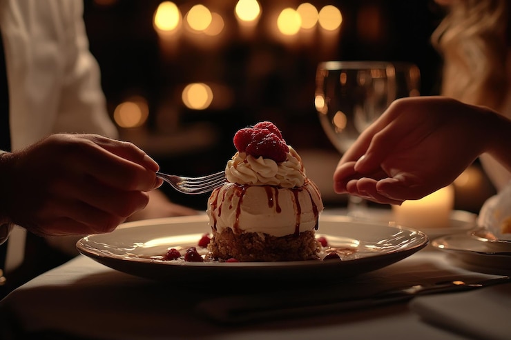 PSD una pareja romántica compartiendo postre en un restaurante a la luz de las velas