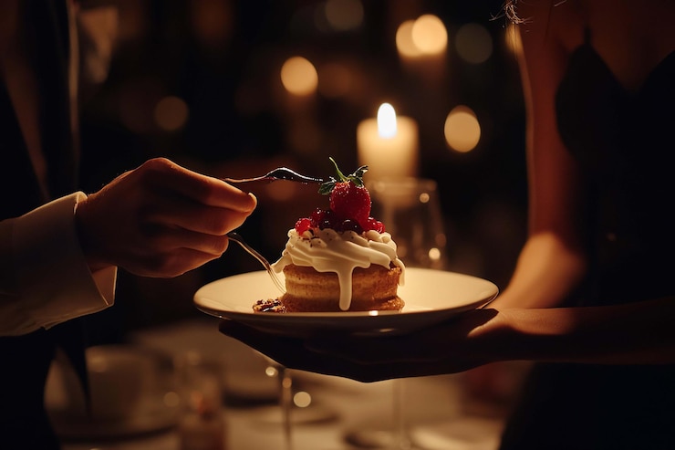 PSD una pareja romántica de postres compartiendo un pastel en una cena a la luz de las velas