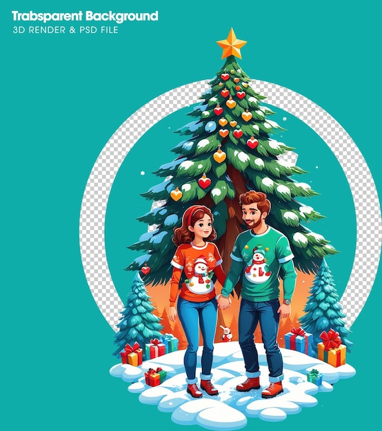 PSD una pareja con ropas de navidad de pie junto a un árbol de navidad