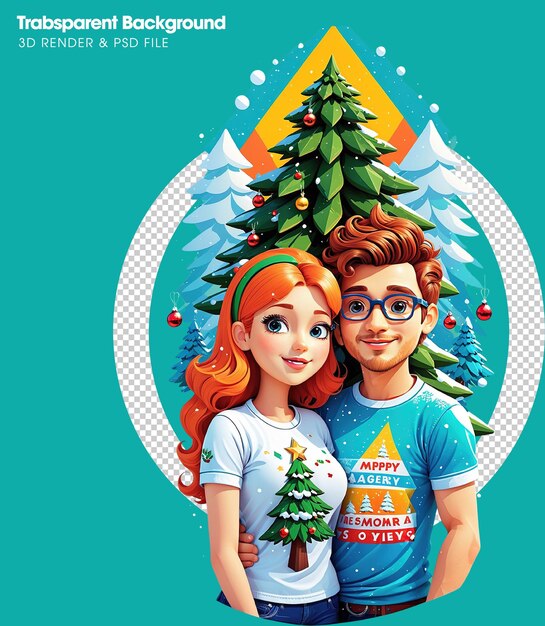 PSD una pareja con ropas de navidad de pie junto a un árbol de navidad