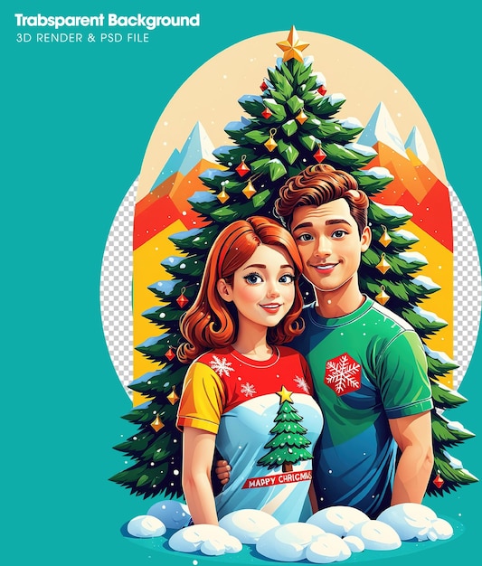 Una pareja con ropas de navidad de pie junto a un árbol de navidad