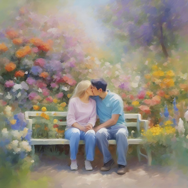 PSD una pareja sentada en un banco en un colorido jardín de flores de estilo impresionista generado por ia