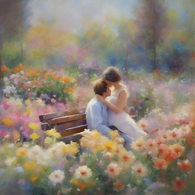 PSD una pareja sentada en un banco en un colorido jardín de flores de estilo impresionista generado por ia