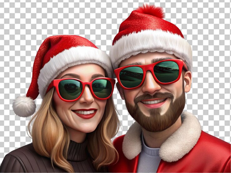 PSD pareja con sombrero de papá noel y gafas de sol vestido de navidad
