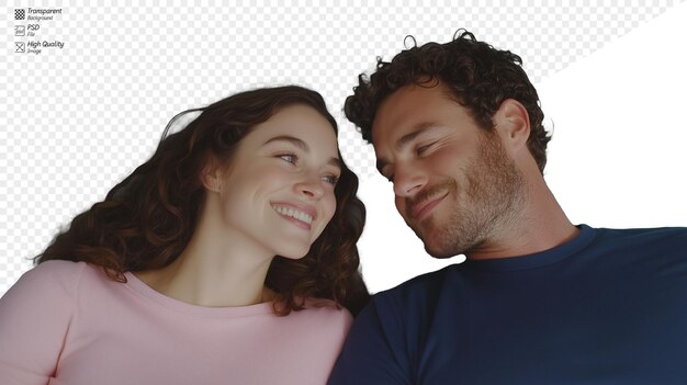 Una pareja sonriendo juntos con un fondo transparente una conexión alegre y amor