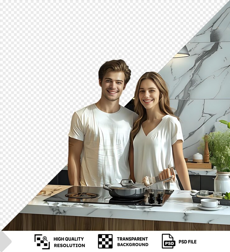 PSD una pareja sonriente cocinando juntos en una cocina moderna con un fondo transparente