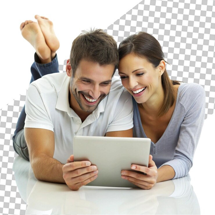 PSD una pareja sonriente en el sofá haciendo compras en línea