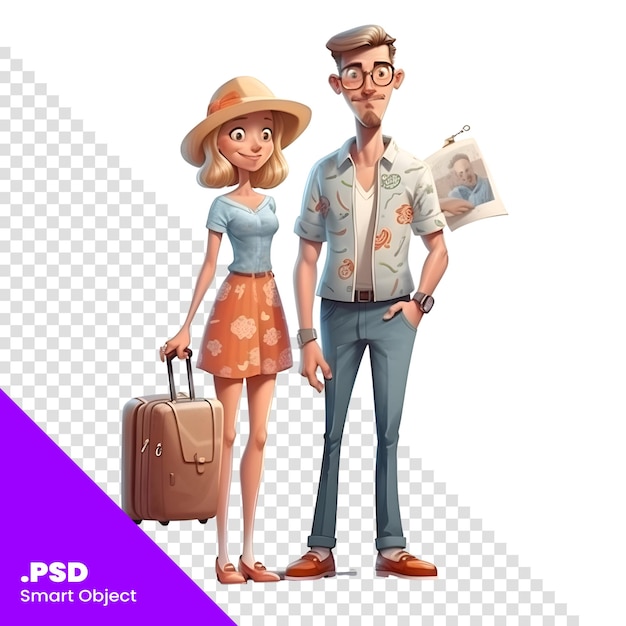 PSD pareja de turistas con un mapa y una maleta sobre una plantilla psd de fondo blanco