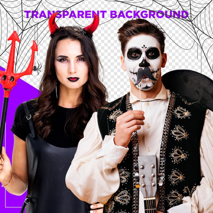 pareja vestida para Halloween y carnaval con fondo transparente